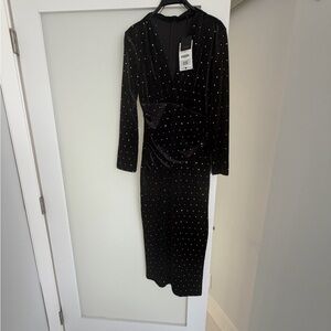 Zara Elegant Black Velvet Stretch Midi Dress with Crystal Details